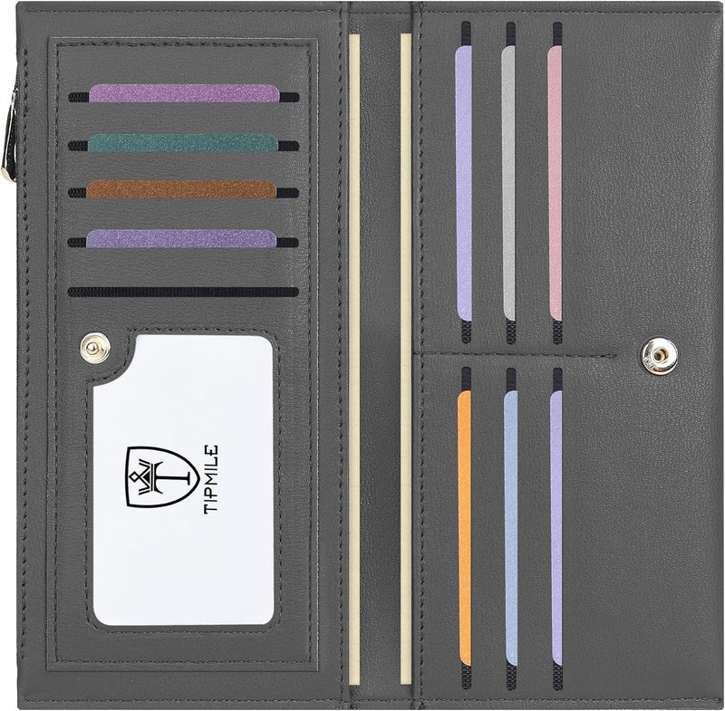 Tipmile Slim Wallet for Women, RFID Blocking Credit Card Holder, Ladies Bifold Wallet with Zipper, Grey - Image 1